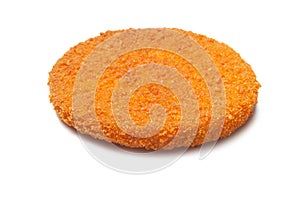 Single fried hamburger fish patty isolated on white