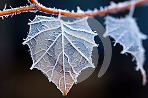a single frost-covered leaf suspended on a web