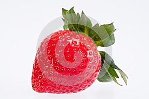 Single fruit of red strawberry isolated on white background