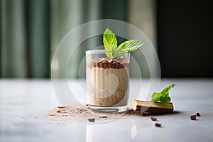 a single glass of chocolate banana oats with a mint leaf, morning light cast