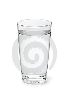 Single glass with clean drinking water on white background close up