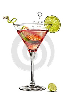 A single glass filled with a Cosmopolitan cocktail and garnished with a lime slice, isolated on a white background