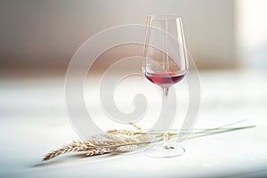 A single glass of red wine standing gracefully against a clean white backdrop. Rose wine splashing in glassware.