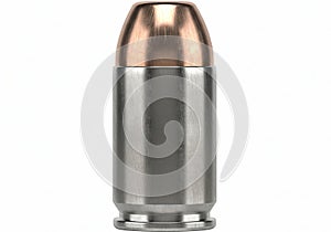 Close up of a single brass and silver bullet on a white background