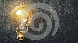 Single glowing bulb on dark textured background wall