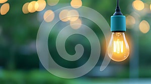 Single glowing light bulb hanging from string, bright idea glowing