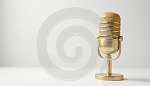 A single gold microphone against a plain white backdrop , simple, microphone, studio