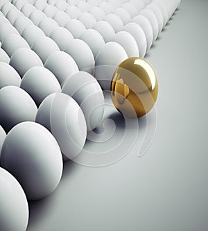 Single golden Egg in a  large Group of white Eggs