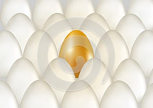 Single golden egg shines among ordinary white eggs. The concept of uniqueness. Rows with many eggs background. Vector 3d illuctrat