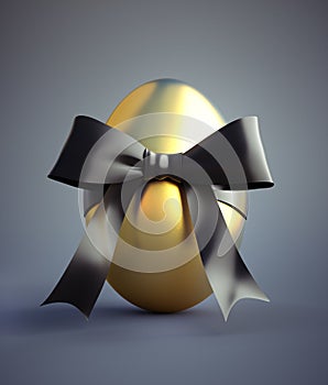 Single golden painted easter egg with bow