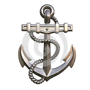 Single golden realistic anchor with metal on white background 3d illustration