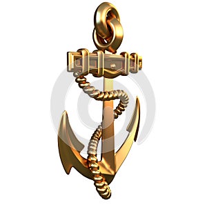 Single golden realistic anchor with metal on white background isolated 3d illustration