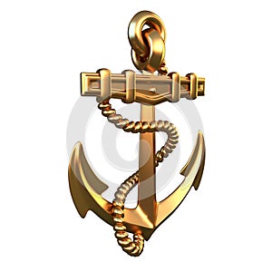 Single golden realistic anchor with metal on white background isolated 3d illustration
