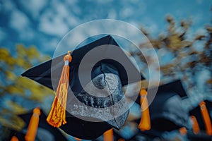 Single graduation cap in focus against a blurred blue sky, embodying academic success and the start of a new journey