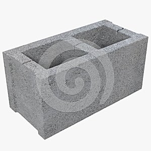 Single Gray Concrete Cinder Block Isolated on White 3D Illustration