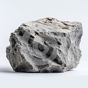 A single gray stone block on a white surface with rough texture