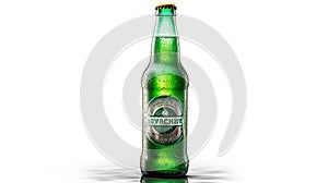 A single green beer bottle is displayed on a white background