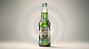 A single green beer bottle is displayed on a white background