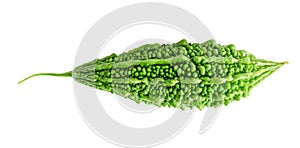 Single green bitter gourd or bitter melon isolated on white background with clipping path