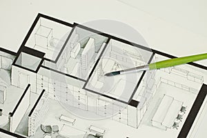 Single green brush set on real estate floor plan architectural isometric sketch sending a message for cold but elegant simplicity