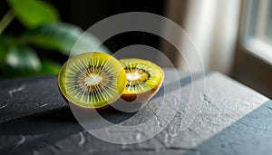 Single Green Kiwi Half on Slate photo