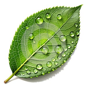 A single green leaf with dew drops, positioned on a smooth surface