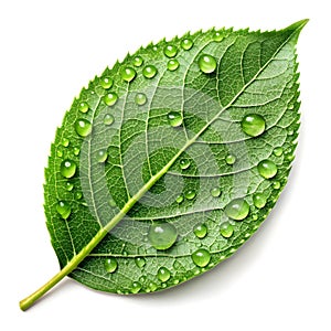 A single green leaf with dew drops, positioned on a smooth surface
