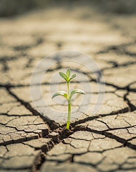 A Single Green Sprout Emerging from Cracked Dark Soil.