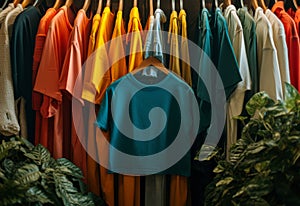 Single green t-shirt hanging on a clothesline with a blurred background of various colored garments.