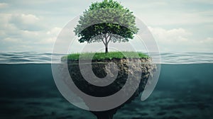 Single Green Tree on Small Island in Calm Ocean