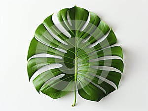 Single green tropical monstera leaf. White background, top view