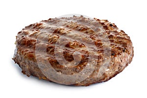 Single grilled hamburger patty on white.