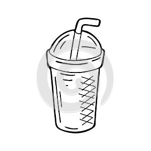 Single hand drawn cold drink or iced coffee takeaway cup. In doodle style, black outline isolated on a white background. Cute