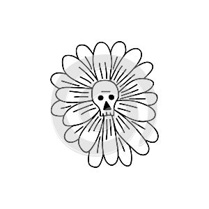Single hand drawn flower with a skull. Goblincore style. Vector illustration in doodle style. Isolated on a white background