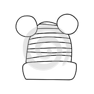 Single hand drawn hat with pompons. Vector illustration in doodle style. Isolate on a white background