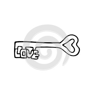 Single hand drawn heart shaped key with word LOVE. In doodle style, black outline isolated on a white background. Cute element for