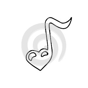 Single hand drawn heart shaped musical note. In doodle style, black outline isolated on a white background. Cute element for