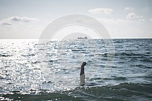 Single hand of drowning man in sea asking for help