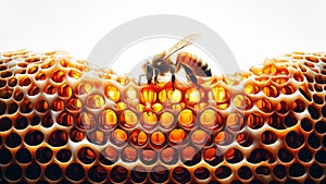single honey bee is captured in the act of feeding on honey from a beehive frame