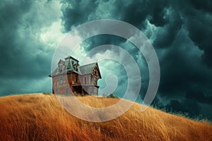 A single house perched on a hill, surrounded by a cloudy sky, Haunted house on top of a hill under a stormy sky, AI Generated