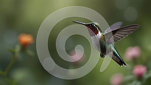 A single hovering hummingbird in isolated blurred bokeh green garden background