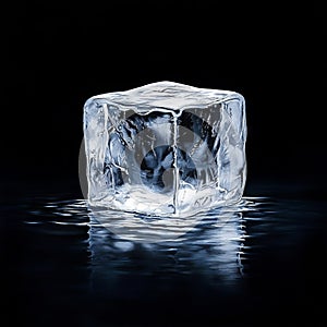 A single ice cube floating in the water on a black background