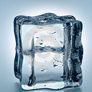 Single ice cube isolated against a grayish-white background. AI-generated.