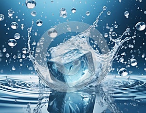 A single ice cube surrounded by splashes of water and bubbles, conveying freshness photo