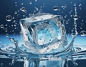 A single ice cube surrounded by splashes of water and bubbles, conveying freshness photo