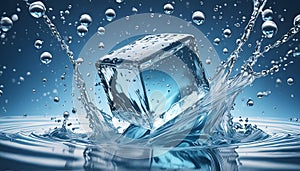 A single ice cube surrounded by splashes of water and bubbles, conveying freshness photo