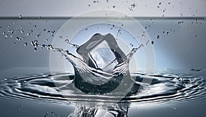 A single ice cube surrounded by splashes of water and bubbles, conveying freshness photo