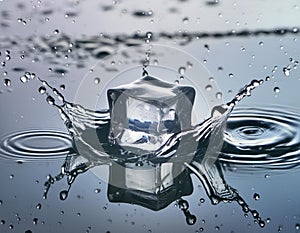 A single ice cube surrounded by splashes of water and bubbles, conveying freshness photo