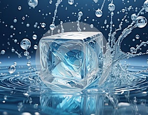 A single ice cube surrounded by splashes of water and bubbles, conveying freshness photo