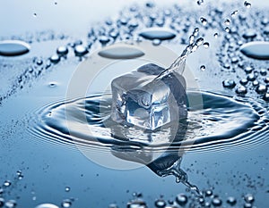 A single ice cube surrounded by splashes of water and bubbles, conveying freshness photo